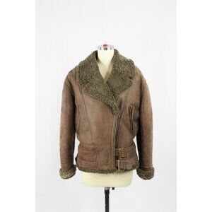 Vintage 90's ALDO Brown Sheepskin Leather Shearling Moto Biker Jacket, Size M